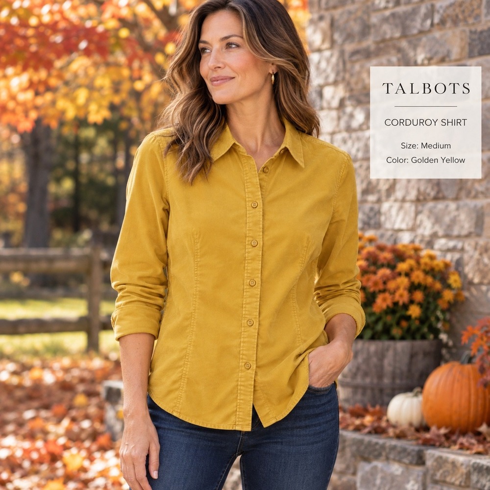 Talbots Womens Medium Golden Yellow Fine Wale Corduroy Button Down Shirt L/S